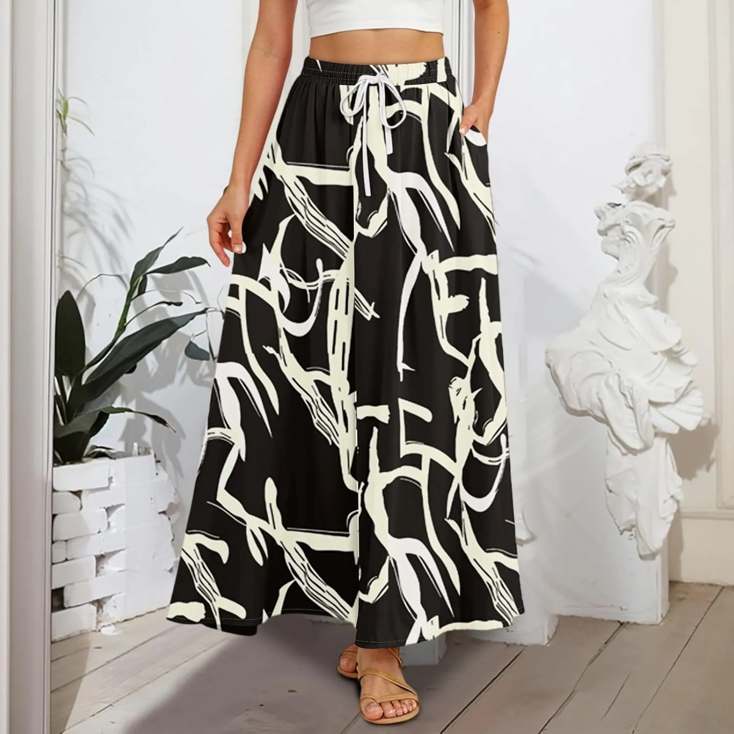 Women's Flowy Maxi Skirt Summer High Waisted Pleated tie Casual Long Skirts with Pockets, S-2XL
