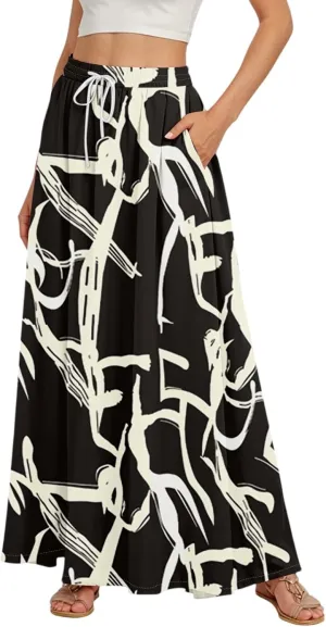 Women's Flowy Maxi Skirt Summer High Waisted Pleated tie Casual Long Skirts with Pockets, S-2XL