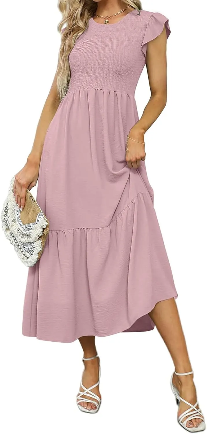 Womens Flutter Short Sleeve Smocked Midi Dress Casual Tiered Modest Floral Boho Maxi Dress Boho Sundress