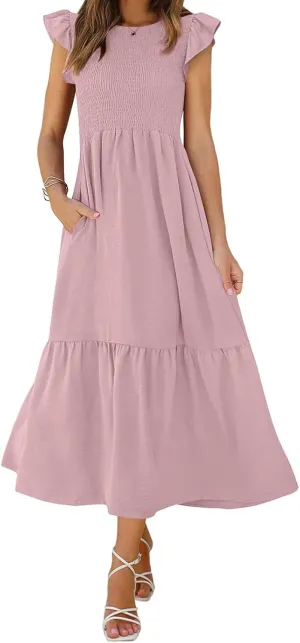 Womens Flutter Short Sleeve Smocked Midi Dress Casual Tiered Modest Floral Boho Maxi Dress Boho Sundress