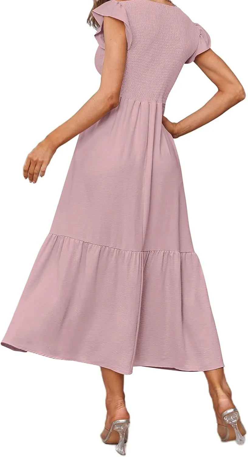 Womens Flutter Short Sleeve Smocked Midi Dress Casual Tiered Modest Floral Boho Maxi Dress Boho Sundress