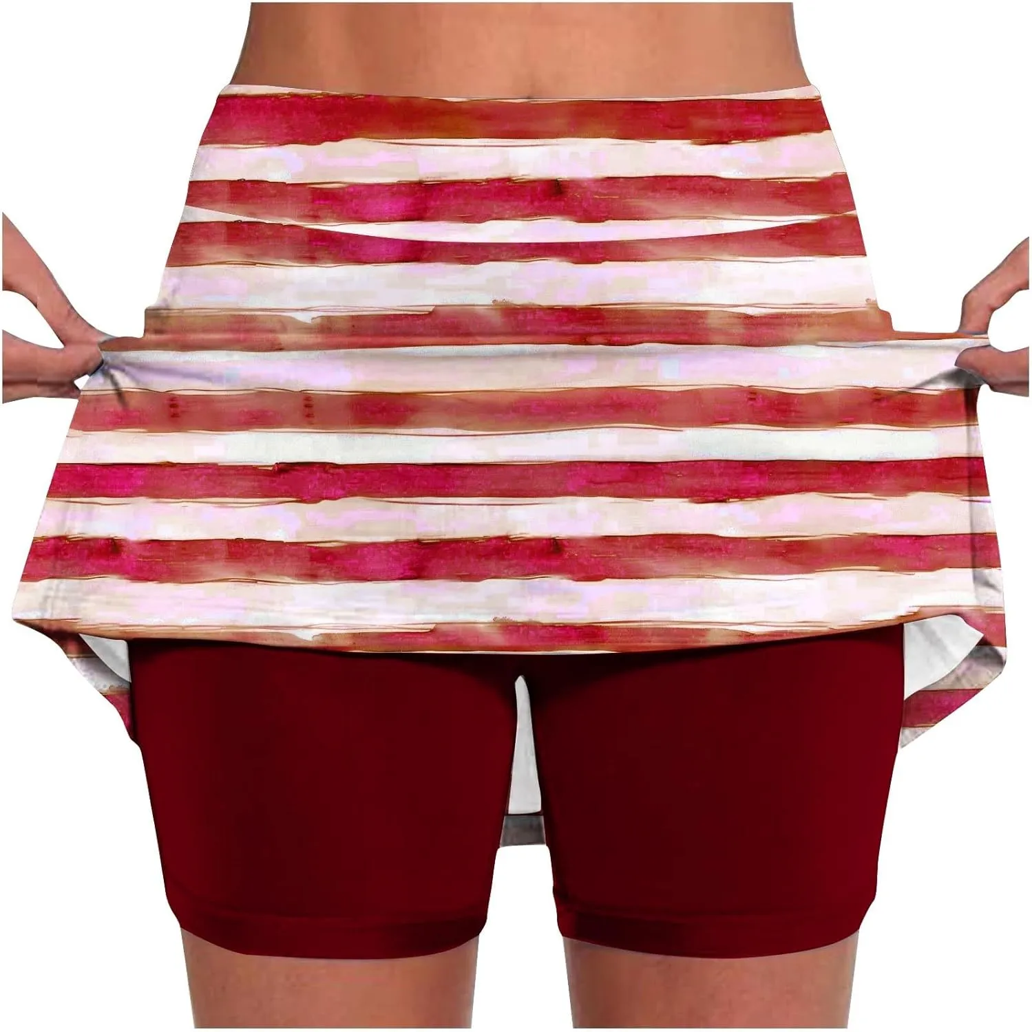 Women's High Waisted Tennis Skirts Striped Color Block Athletic Golf Skorts with Built in Shorts Workout Skirt