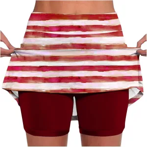 Women's High Waisted Tennis Skirts Striped Color Block Athletic Golf Skorts with Built in Shorts Workout Skirt