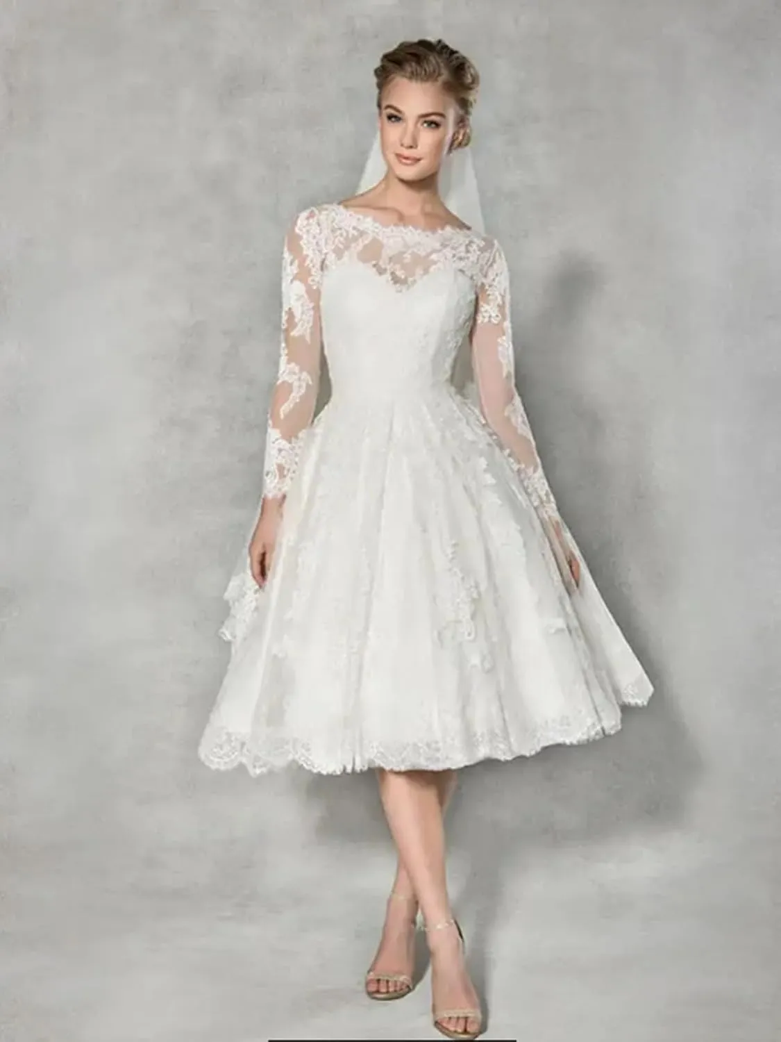 Women's Lace Short Wedding Dresses for Bride 2025 A Line Engagement Elopement Tulle Long Sleeve Bridal Shower Dress