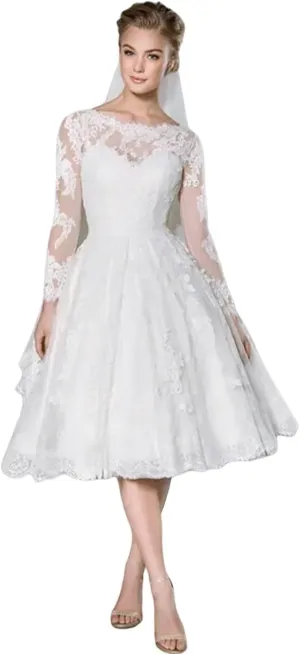 Women's Lace Short Wedding Dresses for Bride 2025 A Line Engagement Elopement Tulle Long Sleeve Bridal Shower Dress