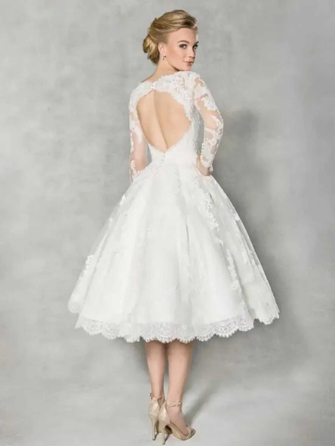 Women's Lace Short Wedding Dresses for Bride 2025 A Line Engagement Elopement Tulle Long Sleeve Bridal Shower Dress