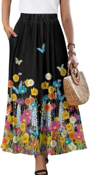 Women's Long Skirt Swing Party Wedding High Waisted Maxi Skirts Elegant Flared A-Line Ruffle Skirts with Pockets