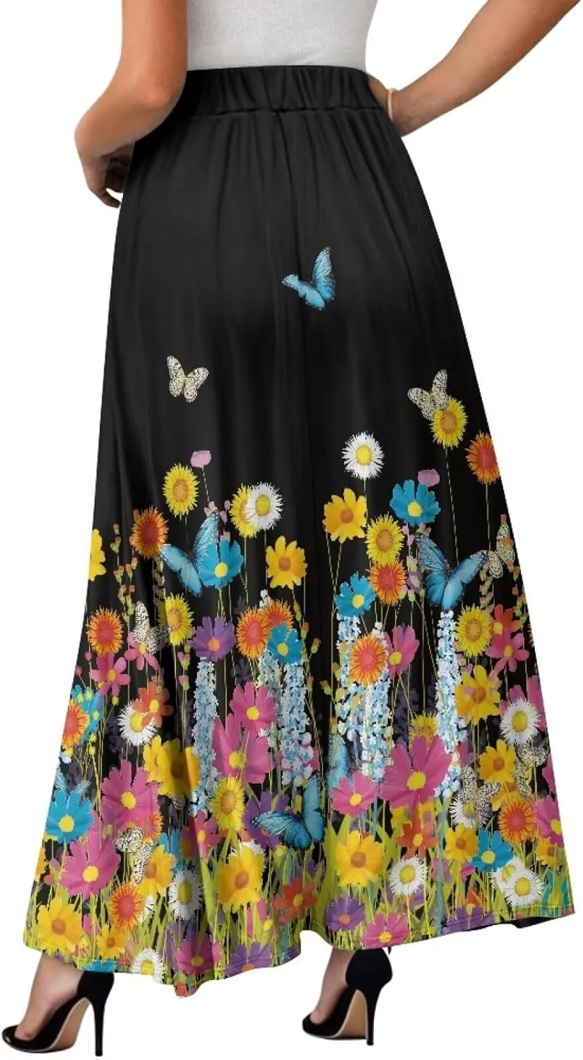 Women's Long Skirt Swing Party Wedding High Waisted Maxi Skirts Elegant Flared A-Line Ruffle Skirts with Pockets