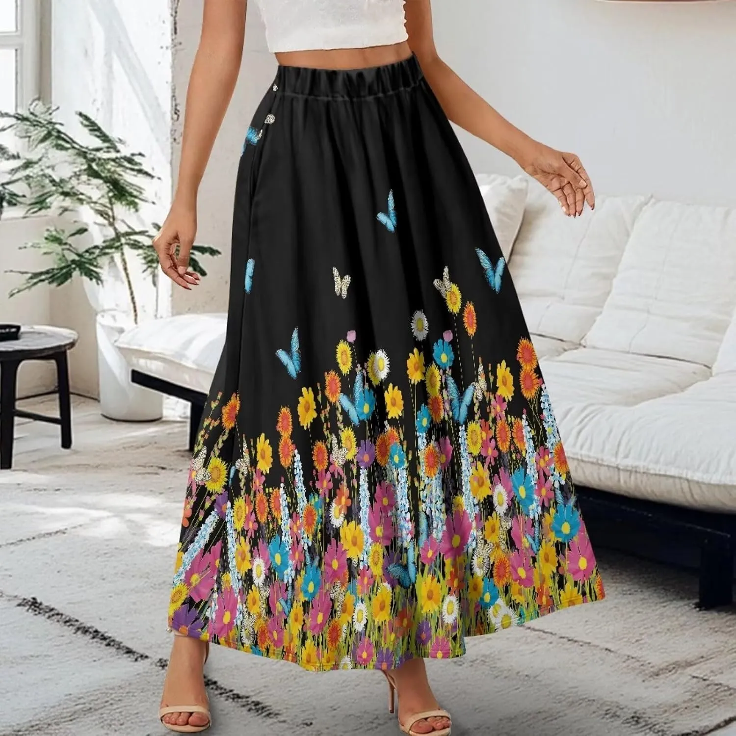 Women's Long Skirt Swing Party Wedding High Waisted Maxi Skirts Elegant Flared A-Line Ruffle Skirts with Pockets