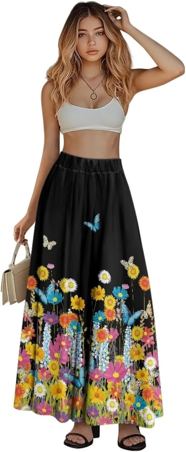 Women's Long Skirt Swing Party Wedding High Waisted Maxi Skirts Elegant Flared A-Line Ruffle Skirts with Pockets