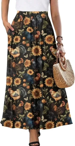 Women's Long Skirt Swing Party Wedding High Waisted Maxi Skirts Elegant Flared A-Line Ruffle Skirts with Pockets