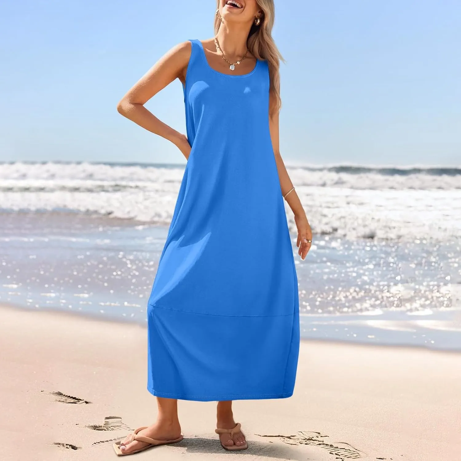 Women's Loose Casual Midi Cotton Dresses Sundress Sleeveless Beach Summer Trendy Tank Top Dress with Pockets