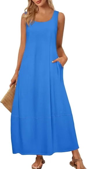 Women's Loose Casual Midi Cotton Dresses Sundress Sleeveless Beach Summer Trendy Tank Top Dress with Pockets