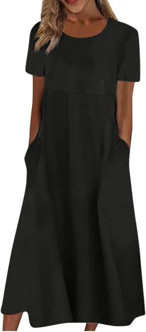 Women's Maxi Dresses 2025 Casual Loose Trendy Short Sleeve Round Neck Solid Color Vacation Dress, S-3XL