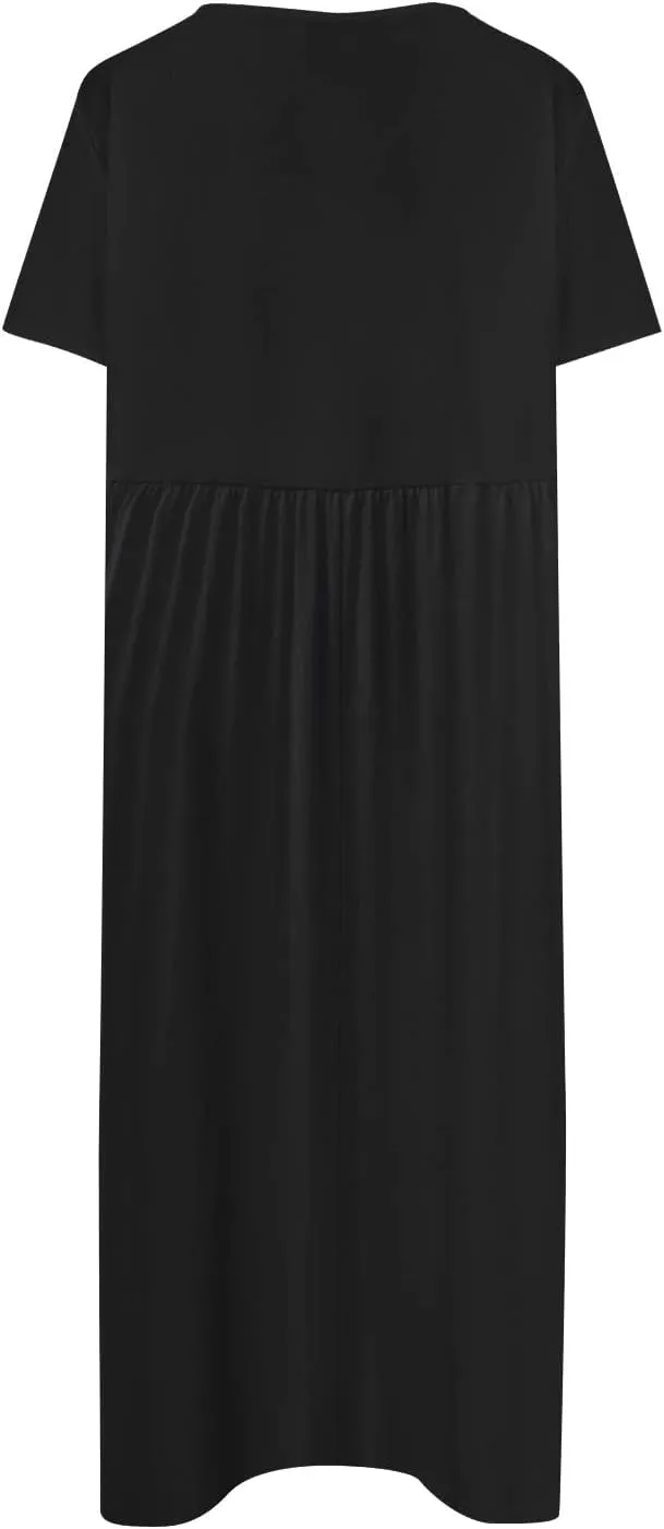 Women's Maxi Dresses 2025 Casual Loose Trendy Short Sleeve Round Neck Solid Color Vacation Dress, S-3XL