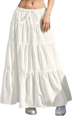 Women's Maxi Skirt Drawstring Elastic Waist Tiered Long Flowy Skirts Summer Vacation A-Line Pleated Skirts