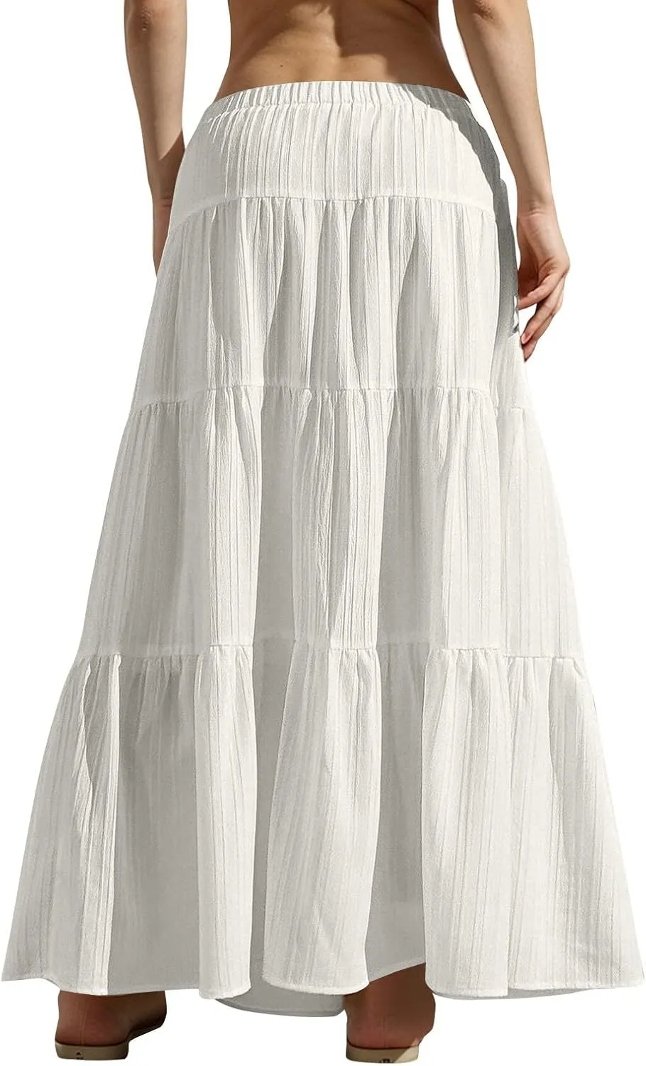Women's Maxi Skirt Drawstring Elastic Waist Tiered Long Flowy Skirts Summer Vacation A-Line Pleated Skirts