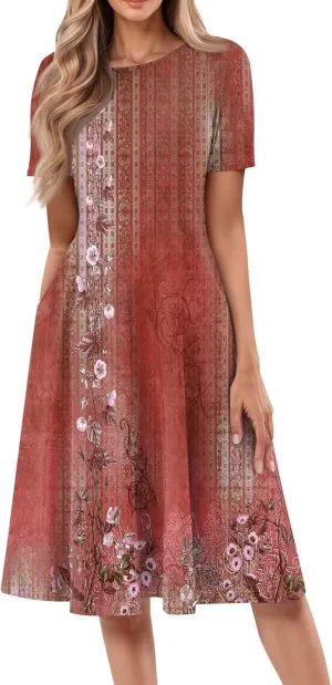 Women's Midi Dresses Summer Casual Loose Trendy Short Sleeve Crew Neck Floral Print Boho Dress 2025 Plus Size, S-3XL