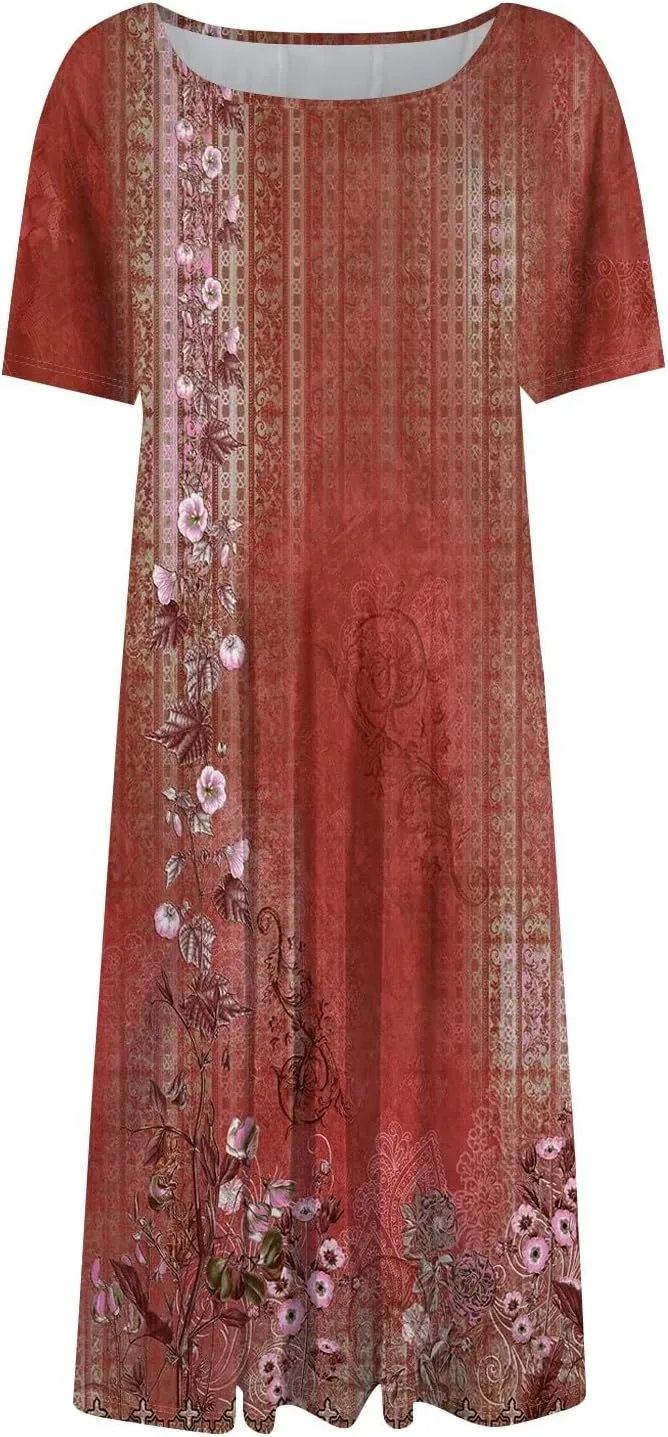 Women's Midi Dresses Summer Casual Loose Trendy Short Sleeve Crew Neck Floral Print Boho Dress 2025 Plus Size, S-3XL