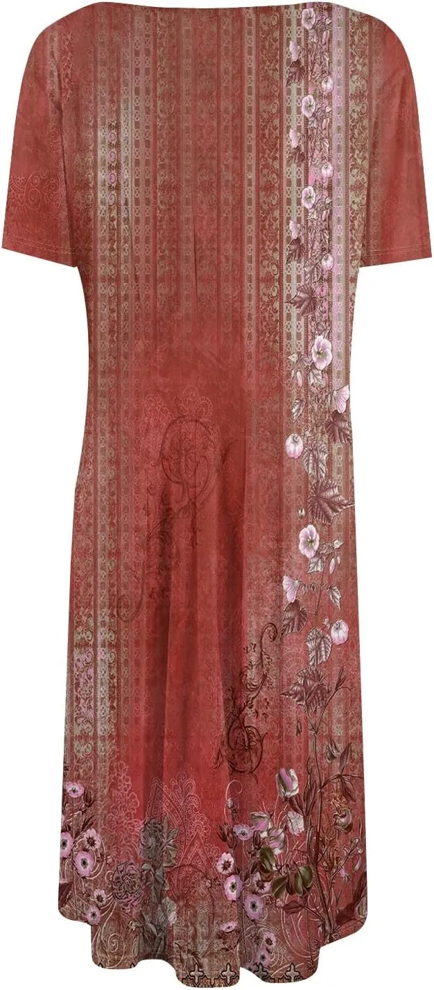 Women's Midi Dresses Summer Casual Loose Trendy Short Sleeve Crew Neck Floral Print Boho Dress 2025 Plus Size, S-3XL