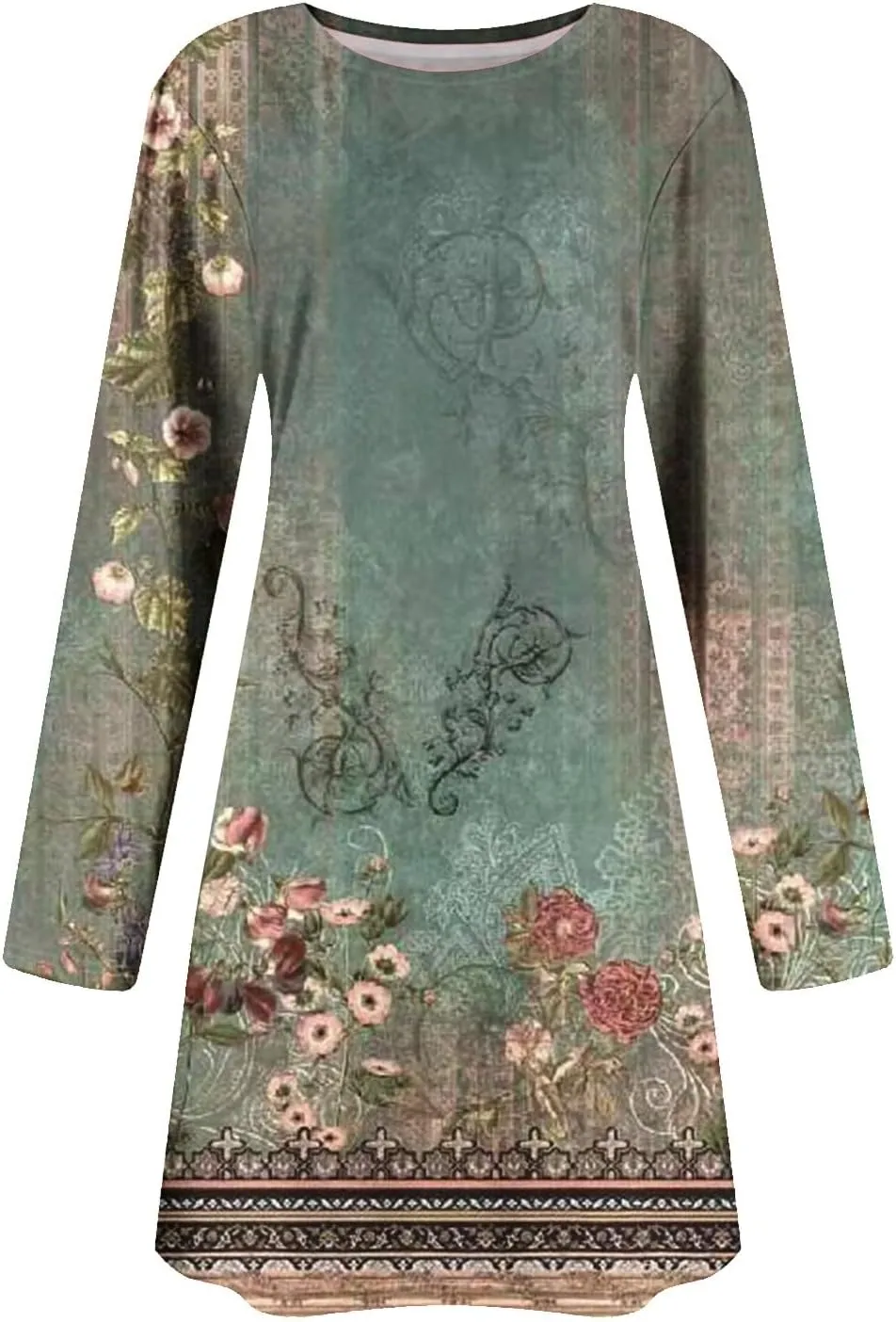 Womens Mini Dresses Casual Summer Beach Dress Vintage Boho Floral Long Sleeve Round Neck Flowy A Line Sun Dresses