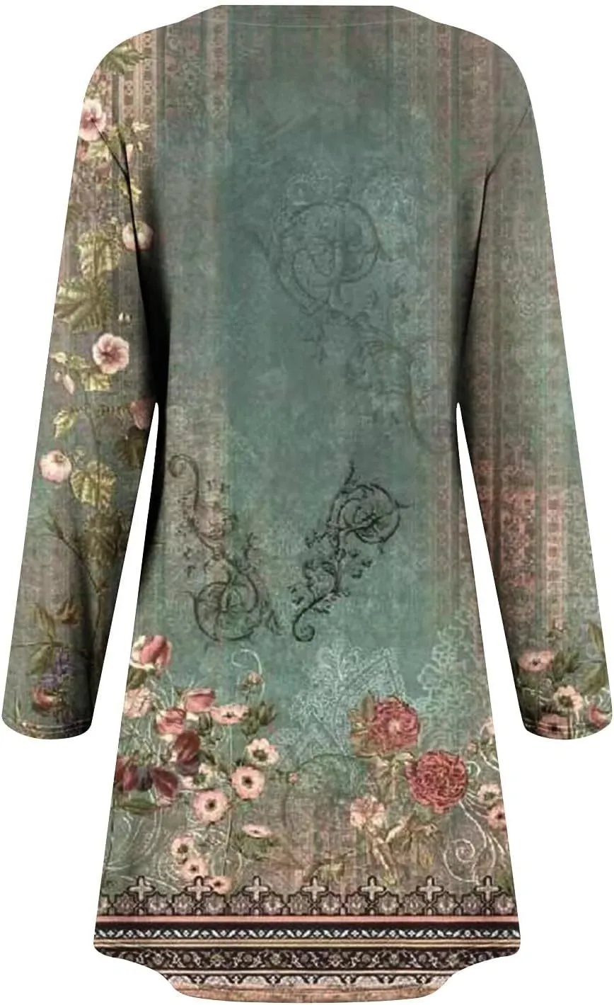 Womens Mini Dresses Casual Summer Beach Dress Vintage Boho Floral Long Sleeve Round Neck Flowy A Line Sun Dresses