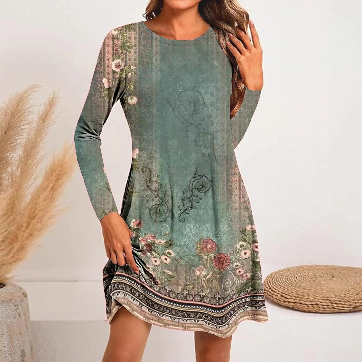 Womens Mini Dresses Casual Summer Beach Dress Vintage Boho Floral Long Sleeve Round Neck Flowy A Line Sun Dresses