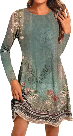 Womens Mini Dresses Casual Summer Beach Dress Vintage Boho Floral Long Sleeve Round Neck Flowy A Line Sun Dresses