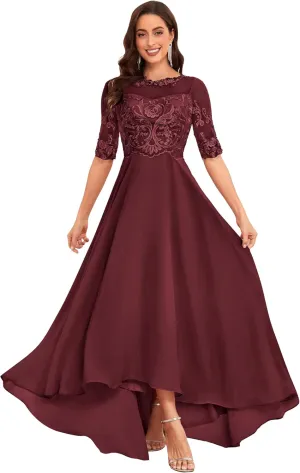 Women's Mother of The Bride Dresses for Wedding High Low Chiffon Formal Evening Gowns with Sleeves