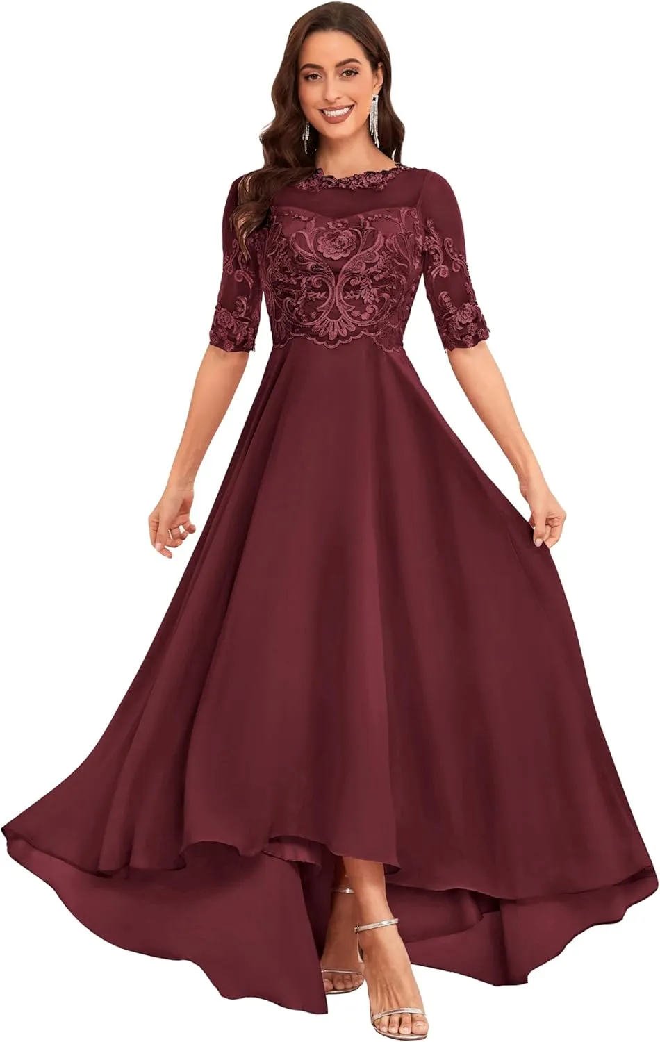 Women's Mother of The Bride Dresses for Wedding High Low Chiffon Formal Evening Gowns with Sleeves