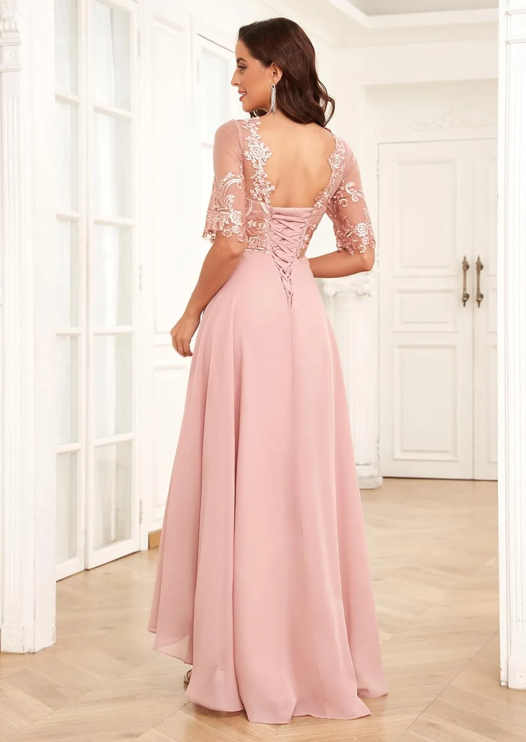 Women's Mother of The Bride Dresses for Wedding High Low Chiffon Formal Evening Gowns with Sleeves