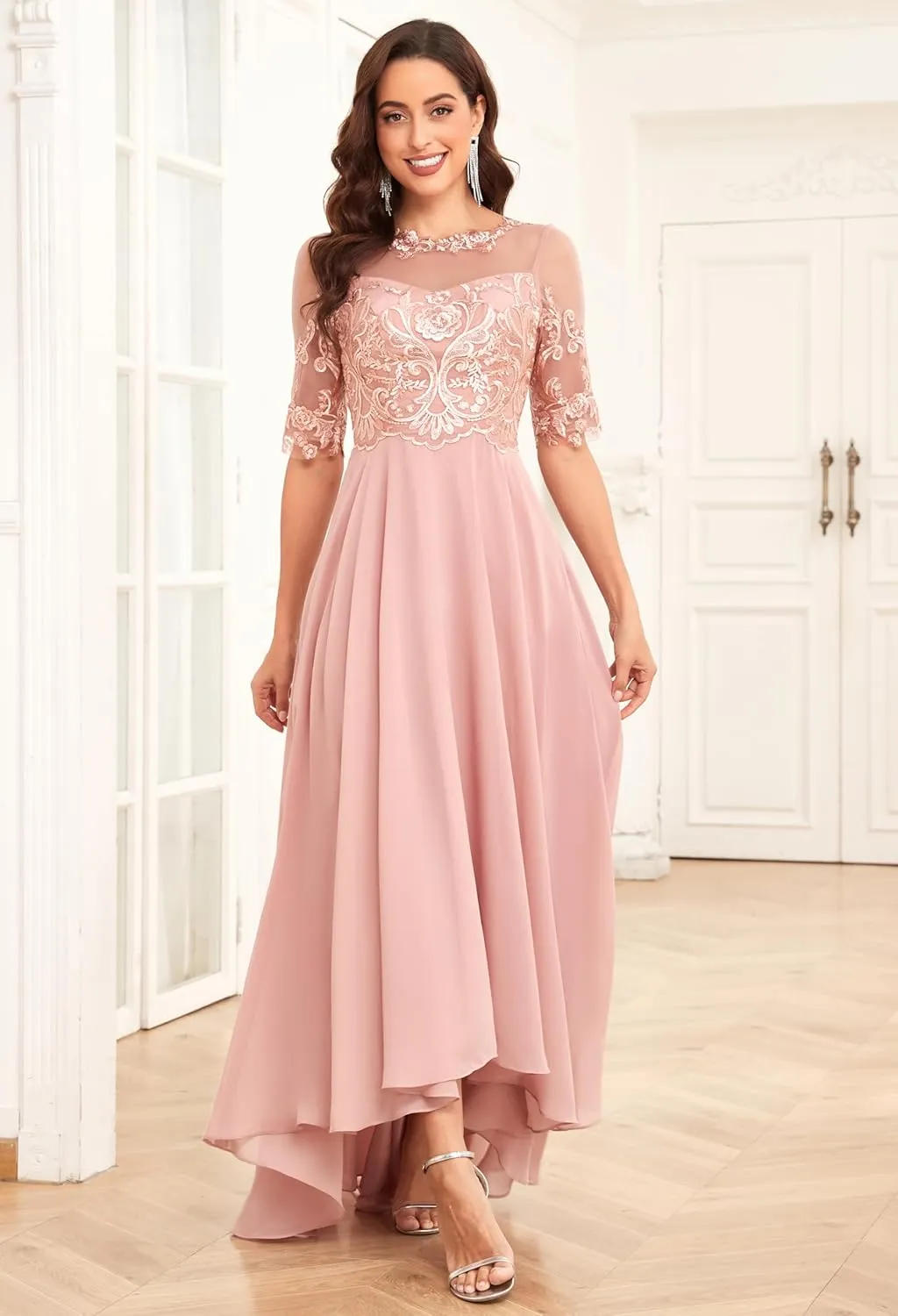 Women's Mother of The Bride Dresses for Wedding High Low Chiffon Formal Evening Gowns with Sleeves