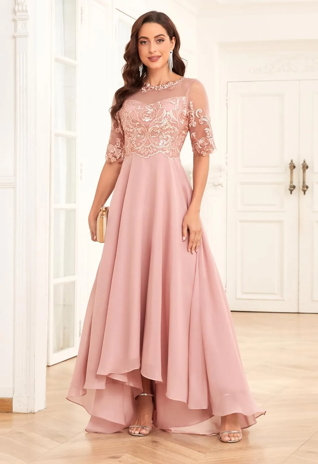 Women's Mother of The Bride Dresses for Wedding High Low Chiffon Formal Evening Gowns with Sleeves