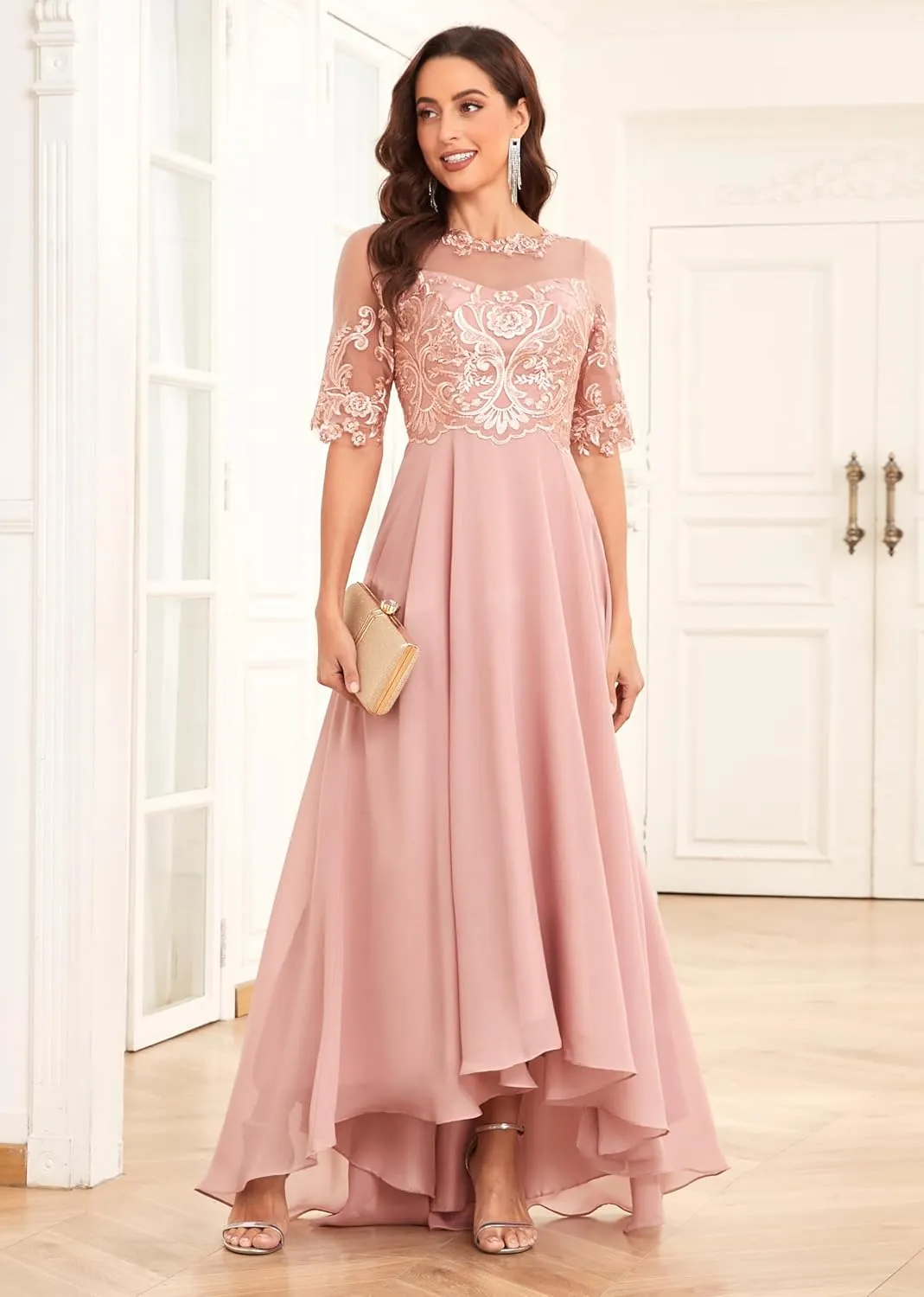Women's Mother of The Bride Dresses for Wedding High Low Chiffon Formal Evening Gowns with Sleeves