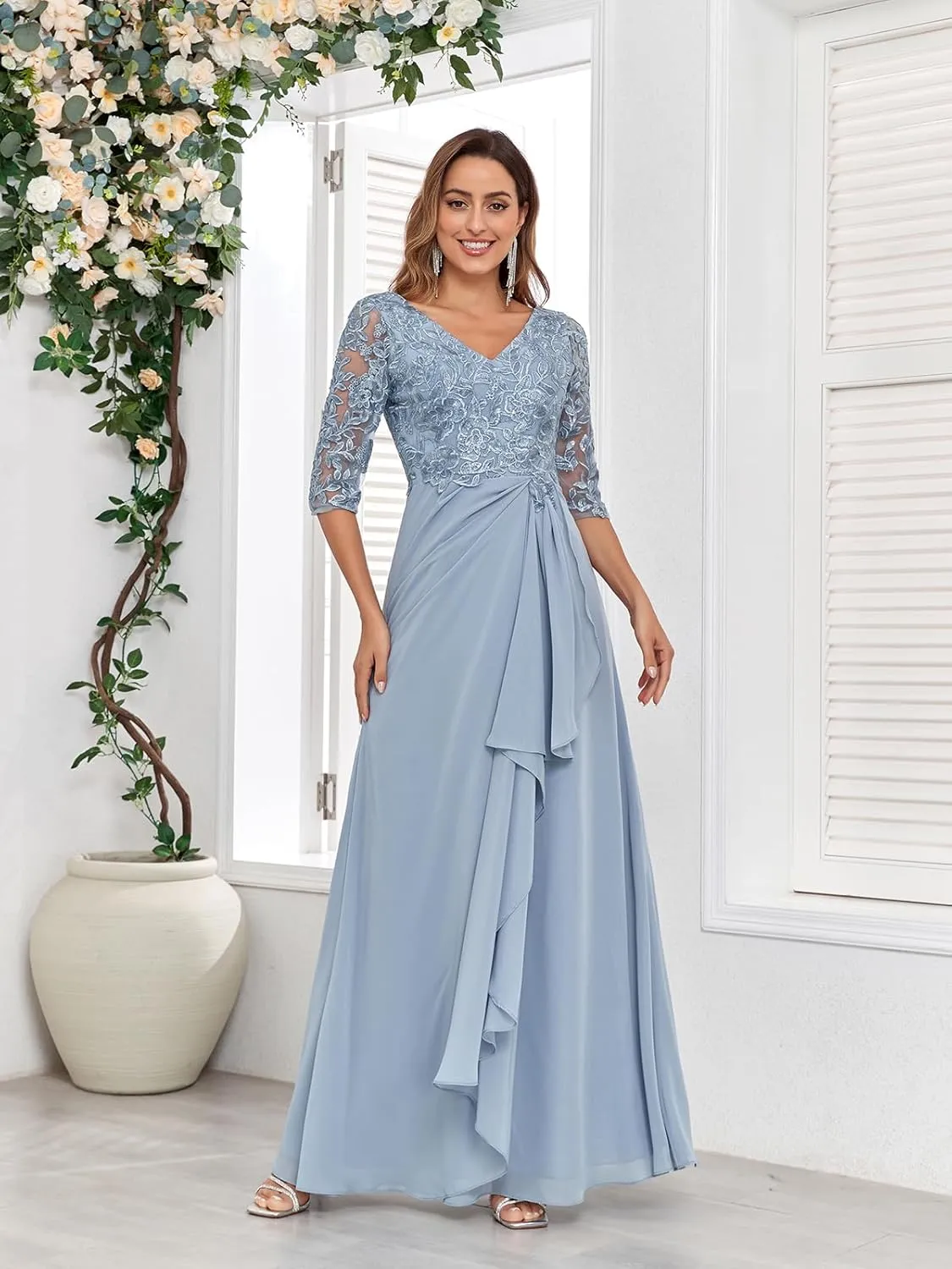 Women's Mother of The Bride Dresses for Wedding Lace Appliques 3/4 Sleeve A Line Chiffon Formal Party Prom Gowns