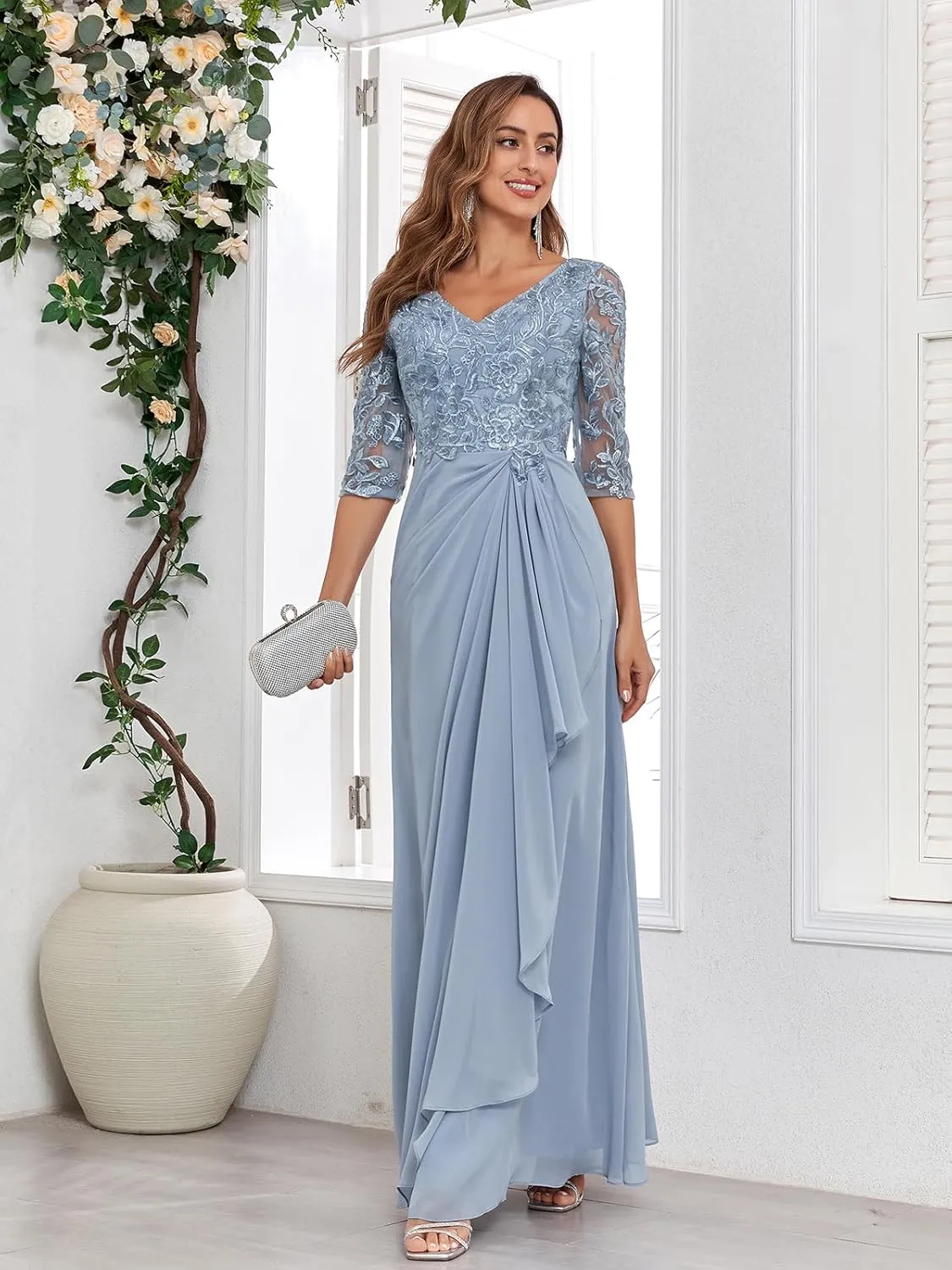 Women's Mother of The Bride Dresses for Wedding Lace Appliques 3/4 Sleeve A Line Chiffon Formal Party Prom Gowns