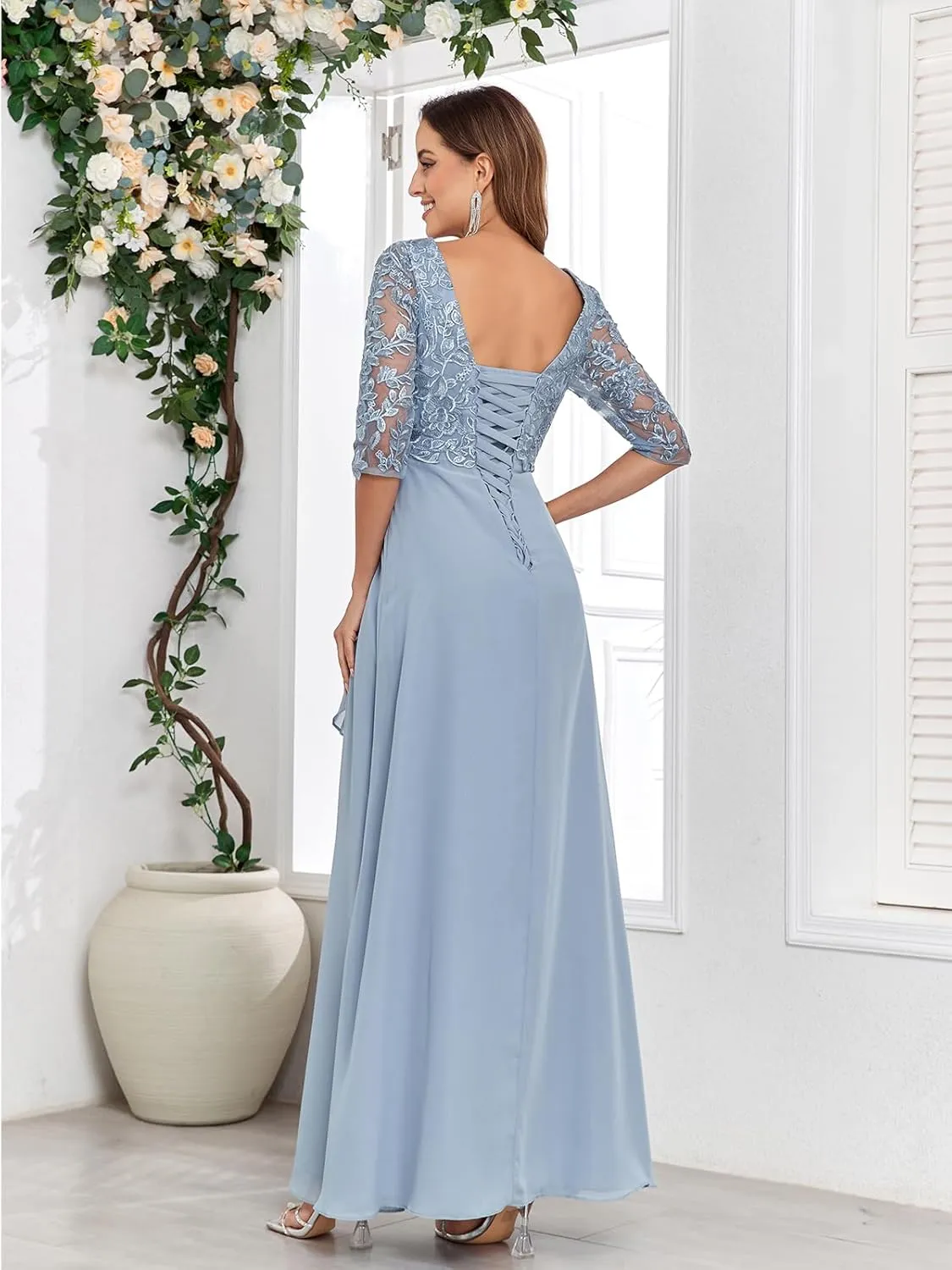 Women's Mother of The Bride Dresses for Wedding Lace Appliques 3/4 Sleeve A Line Chiffon Formal Party Prom Gowns