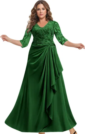 Women's Mother of The Bride Dresses for Wedding Lace Appliques 3/4 Sleeve A Line Chiffon Formal Party Prom Gowns