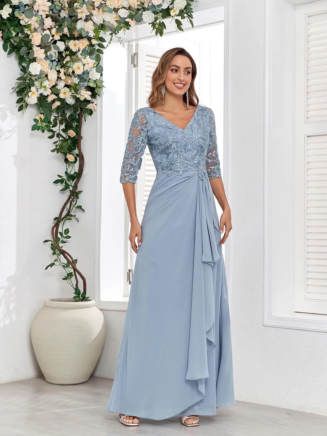 Women's Mother of The Bride Dresses for Wedding Lace Appliques 3/4 Sleeve A Line Chiffon Formal Party Prom Gowns