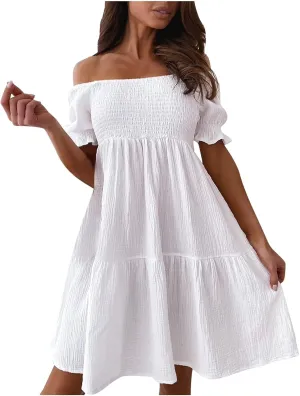 Womens Off Shoulder Midi Dress Summer Ribbed Tube Dresses Short Sleeve High Waist Dress Trendy Sexy Solid Clothing