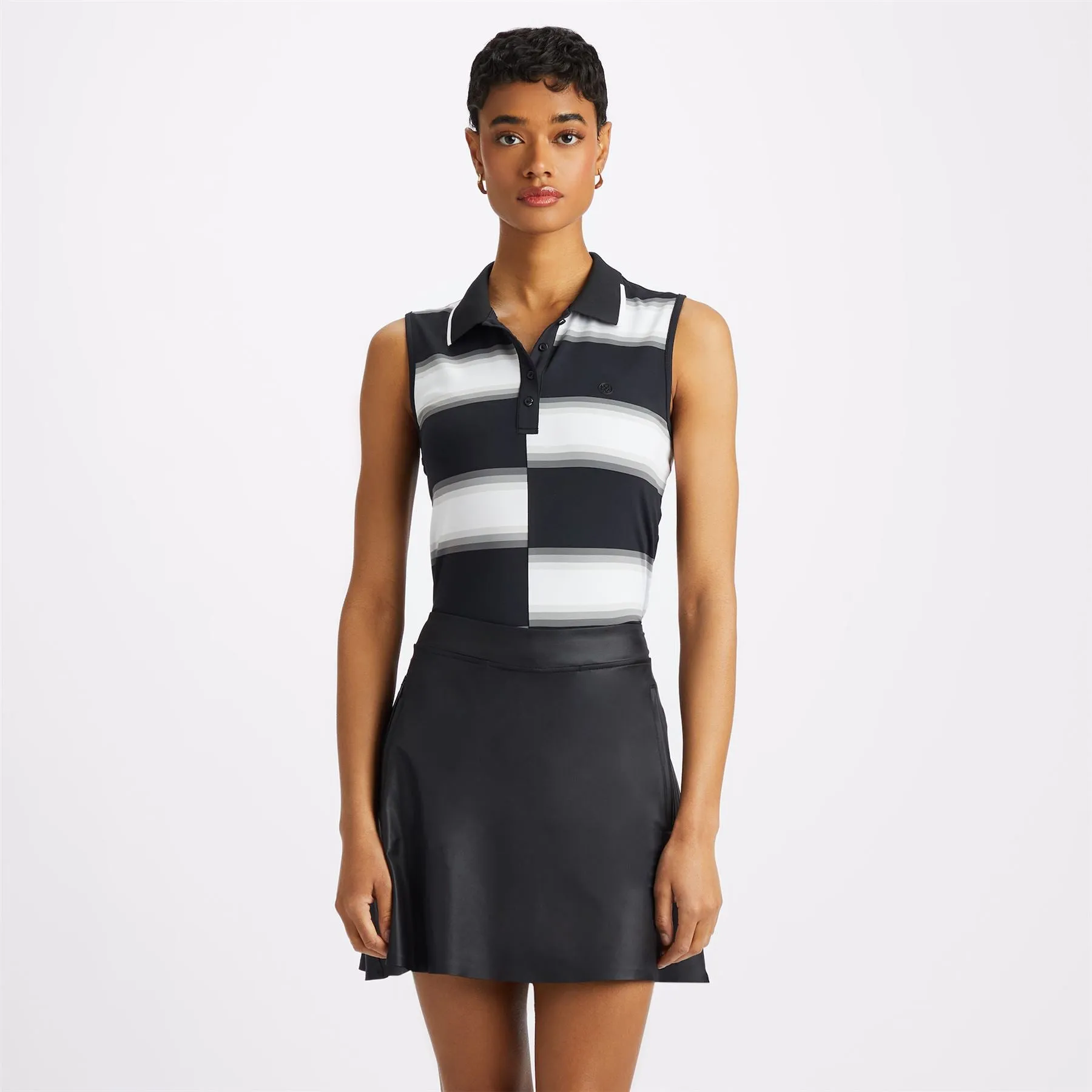 Womens Offset Gradient Stripe Rib Collar Silky Tech Nylon Sleeveless Polo Onyx - AW23