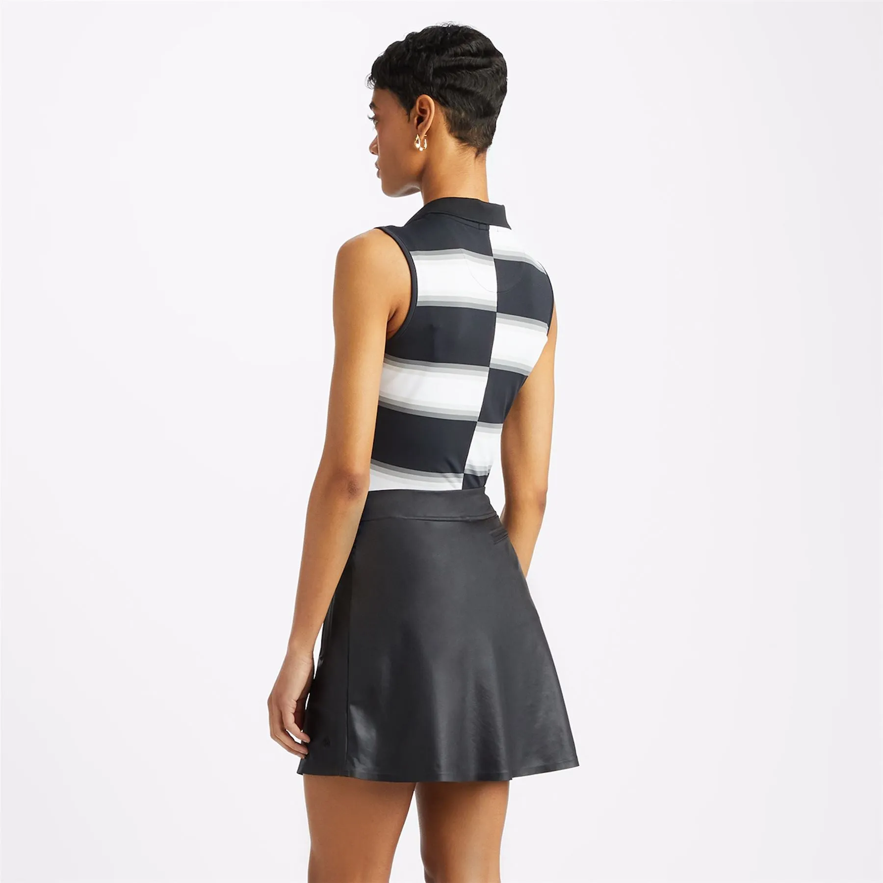 Womens Offset Gradient Stripe Rib Collar Silky Tech Nylon Sleeveless Polo Onyx - AW23