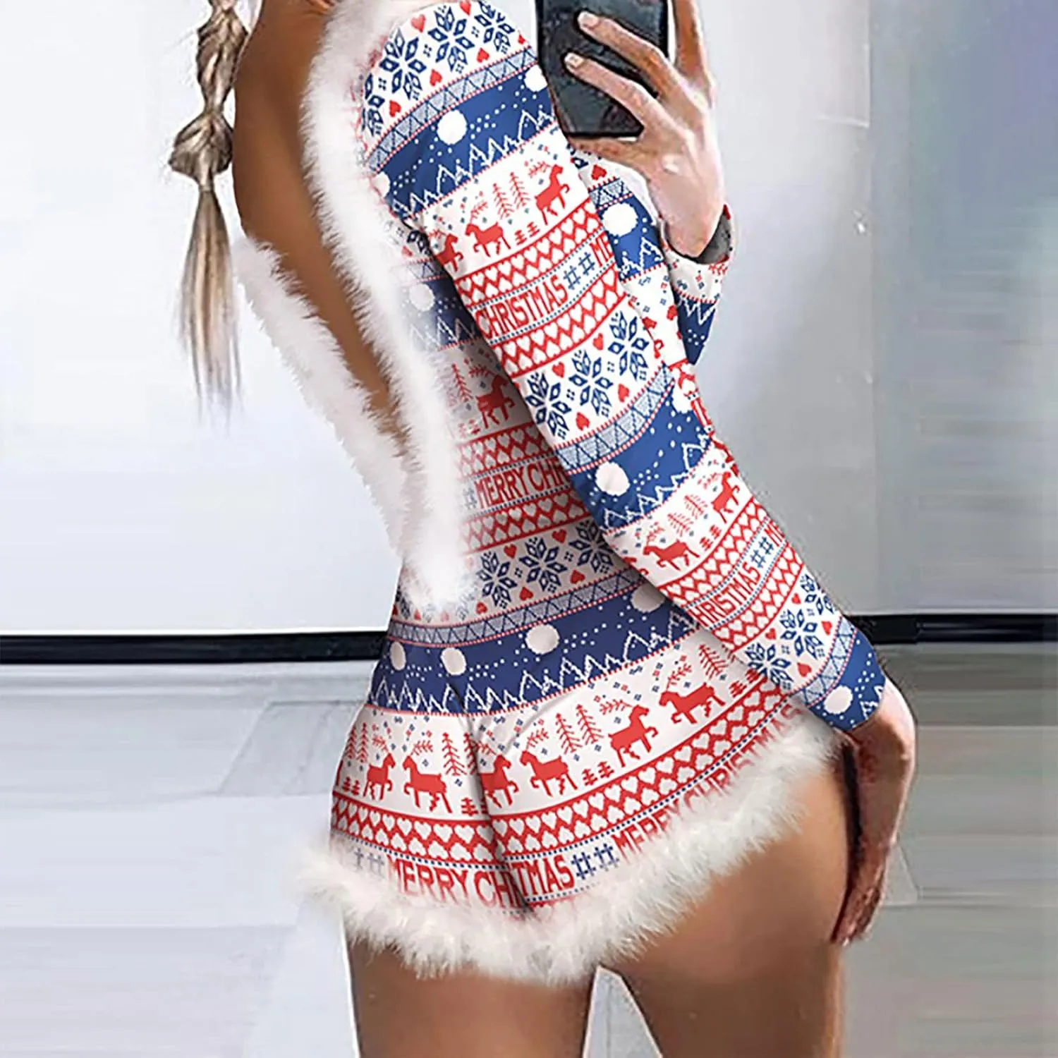 Women's One-Piece Pajamas Sexy Deep V-Neck Backless Dress Funny Christmas Long Sleeve Jumpsuit Romper Bodysuit Nightwear