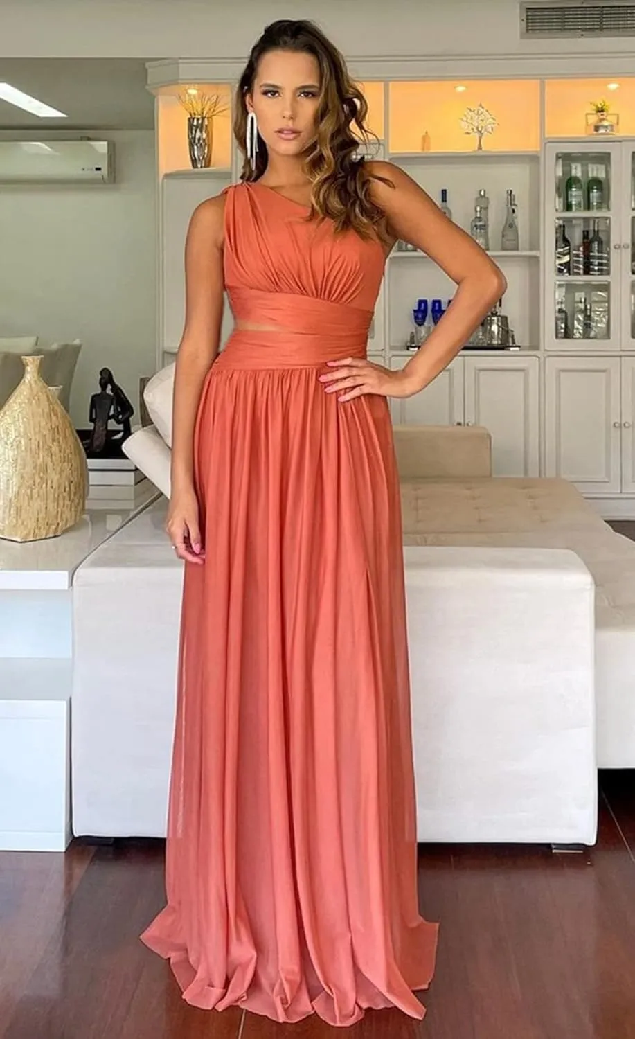 Women's One Shoulder Bridesmaid Dresses for Wedding Long Chiffon Split Formal Evening Dress with Pockets