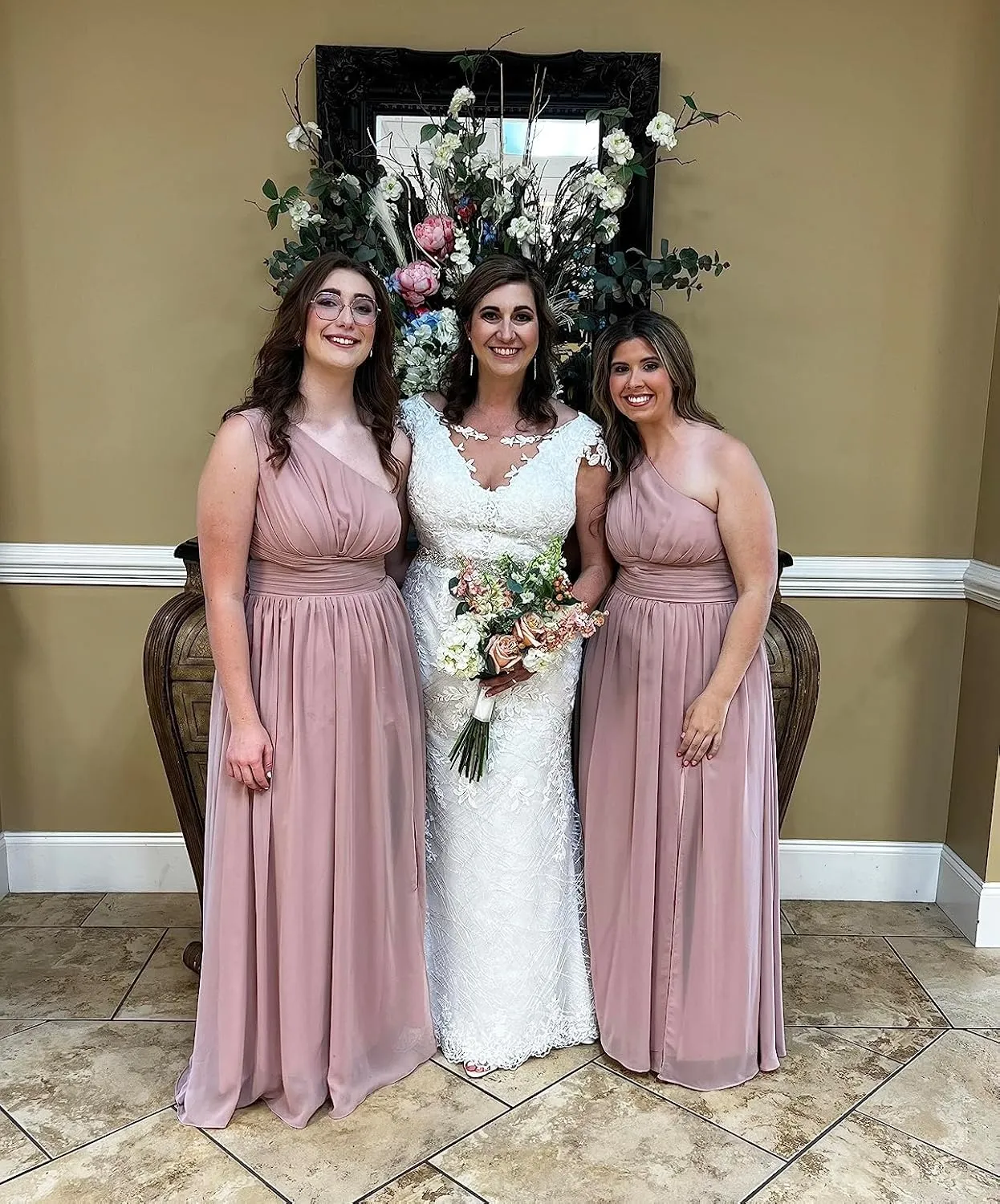 Women's One Shoulder Bridesmaid Dresses for Wedding Long Chiffon Split Formal Evening Dress with Pockets