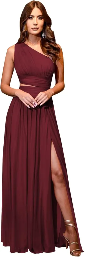 Women's One Shoulder Bridesmaid Dresses for Wedding Long Chiffon Split Formal Evening Dress with Pockets