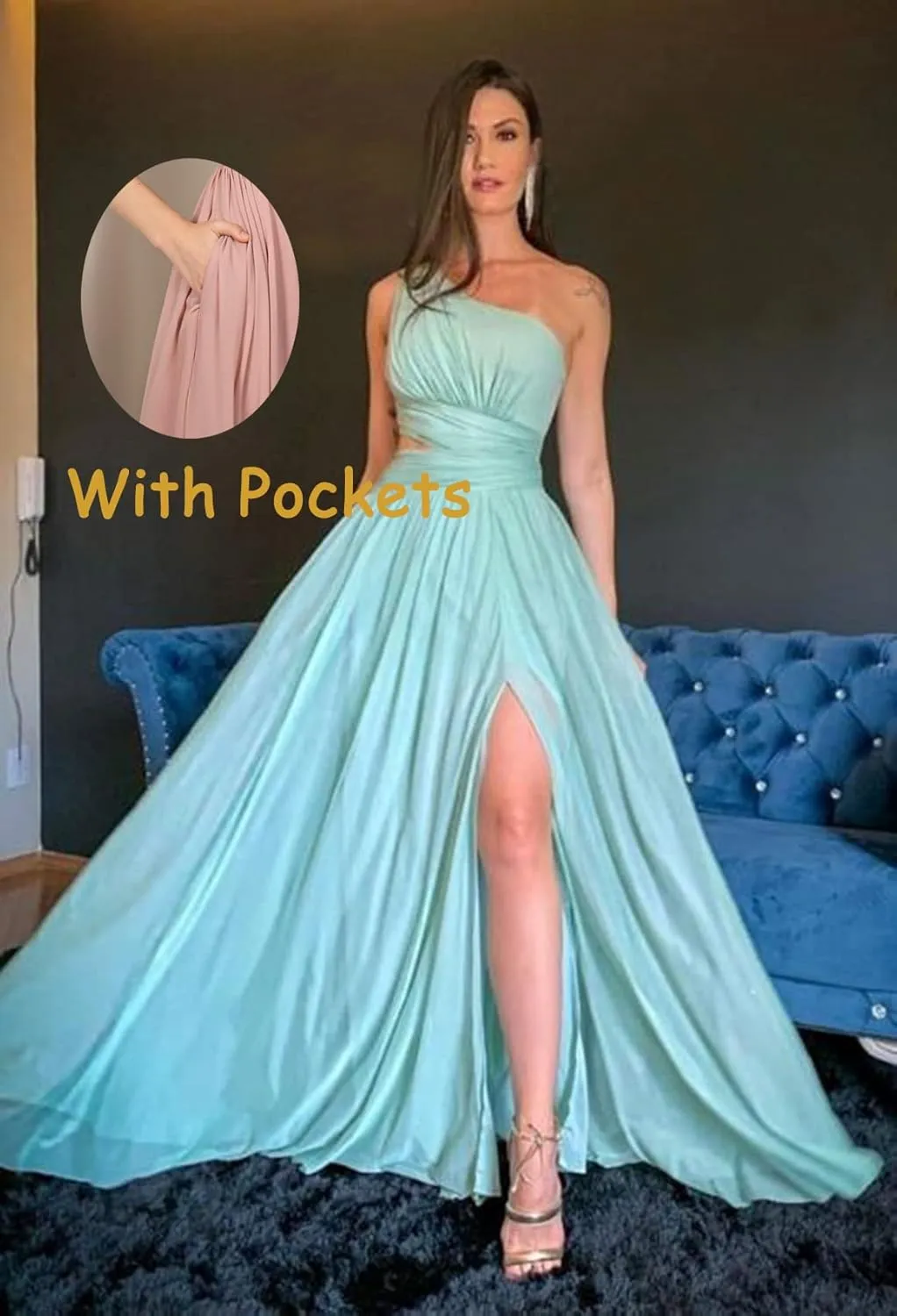 Women's One Shoulder Bridesmaid Dresses for Wedding Long Chiffon Split Formal Evening Dress with Pockets