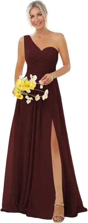 Women's One Shoulder Chiffon Bridesmaid Dresses Long A-Line Pleated Formal Party Dress with Slit
