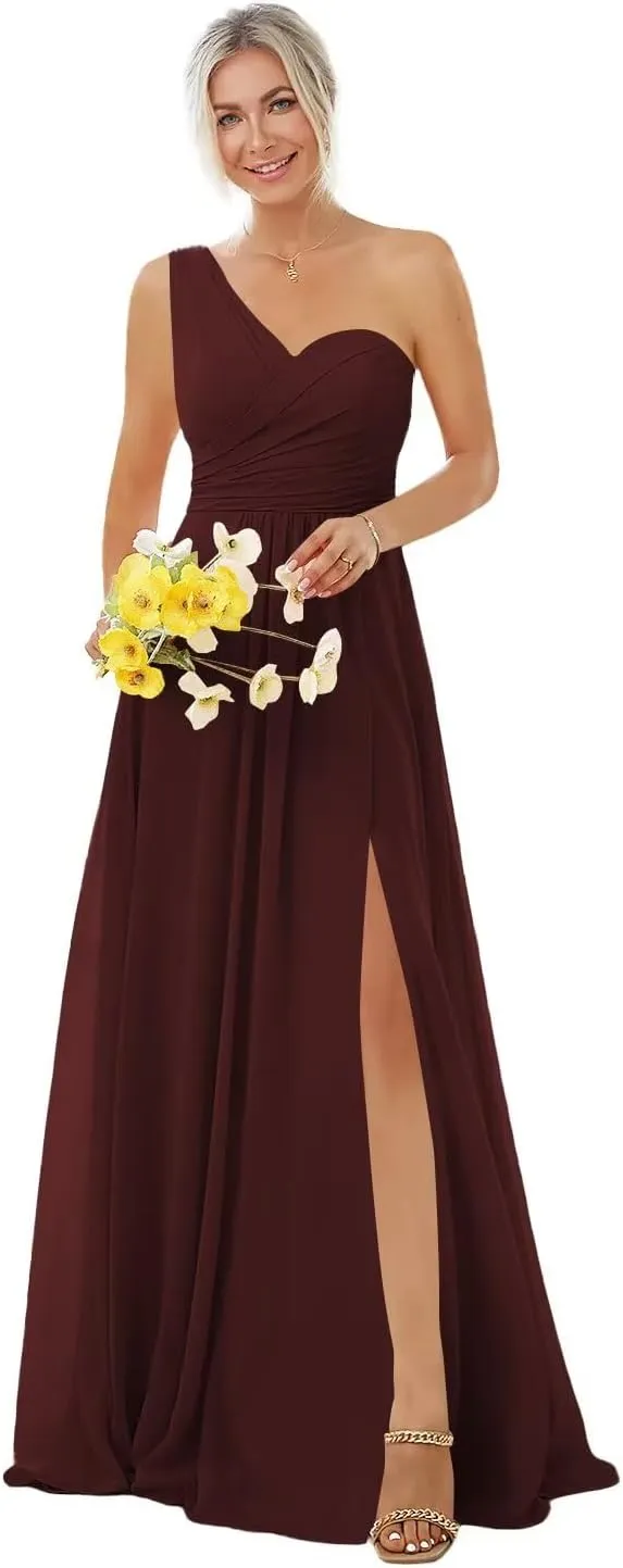 Women's One Shoulder Chiffon Bridesmaid Dresses Long A-Line Pleated Formal Party Dress with Slit