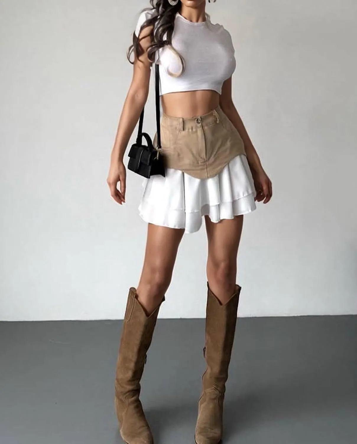 Women's Patchwork Denim Mini Skirt High Waisted Flared Flowy Layer Ruffle Hem A Line Y2k Jean Short Skirts